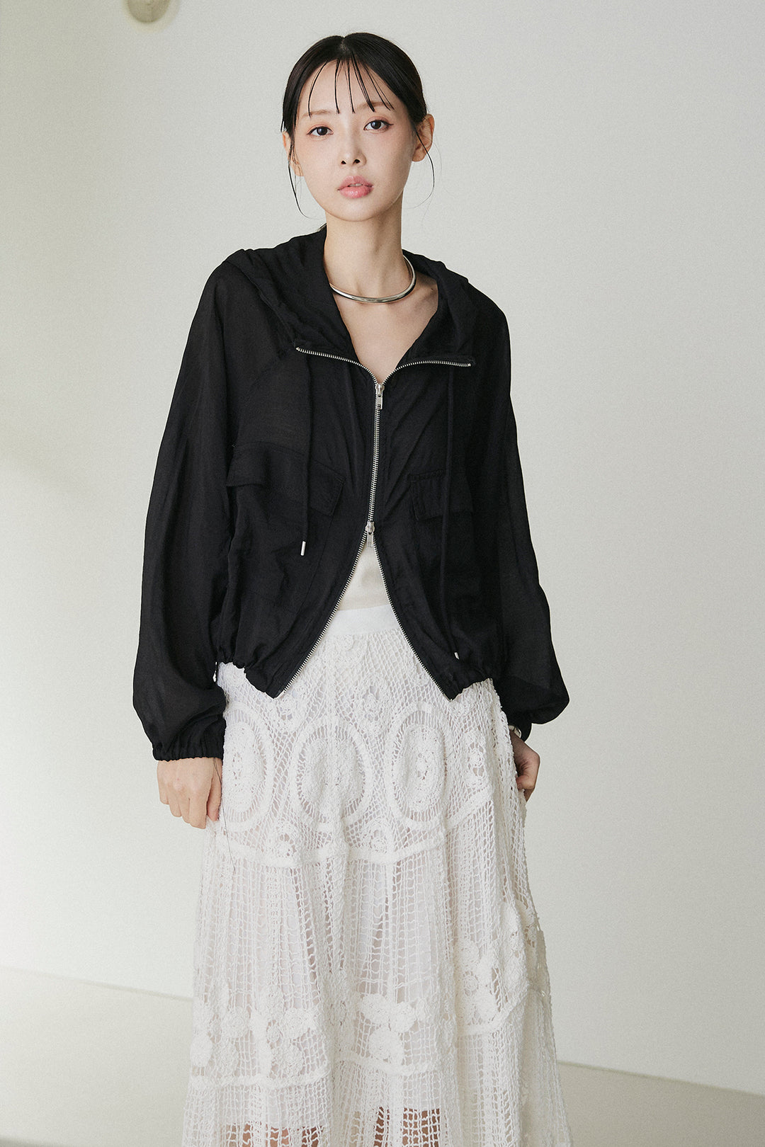 [SET]裾ドロストシアーWジップフーディーブルゾン+ウエスト折り返しワイドパンツ(2set)