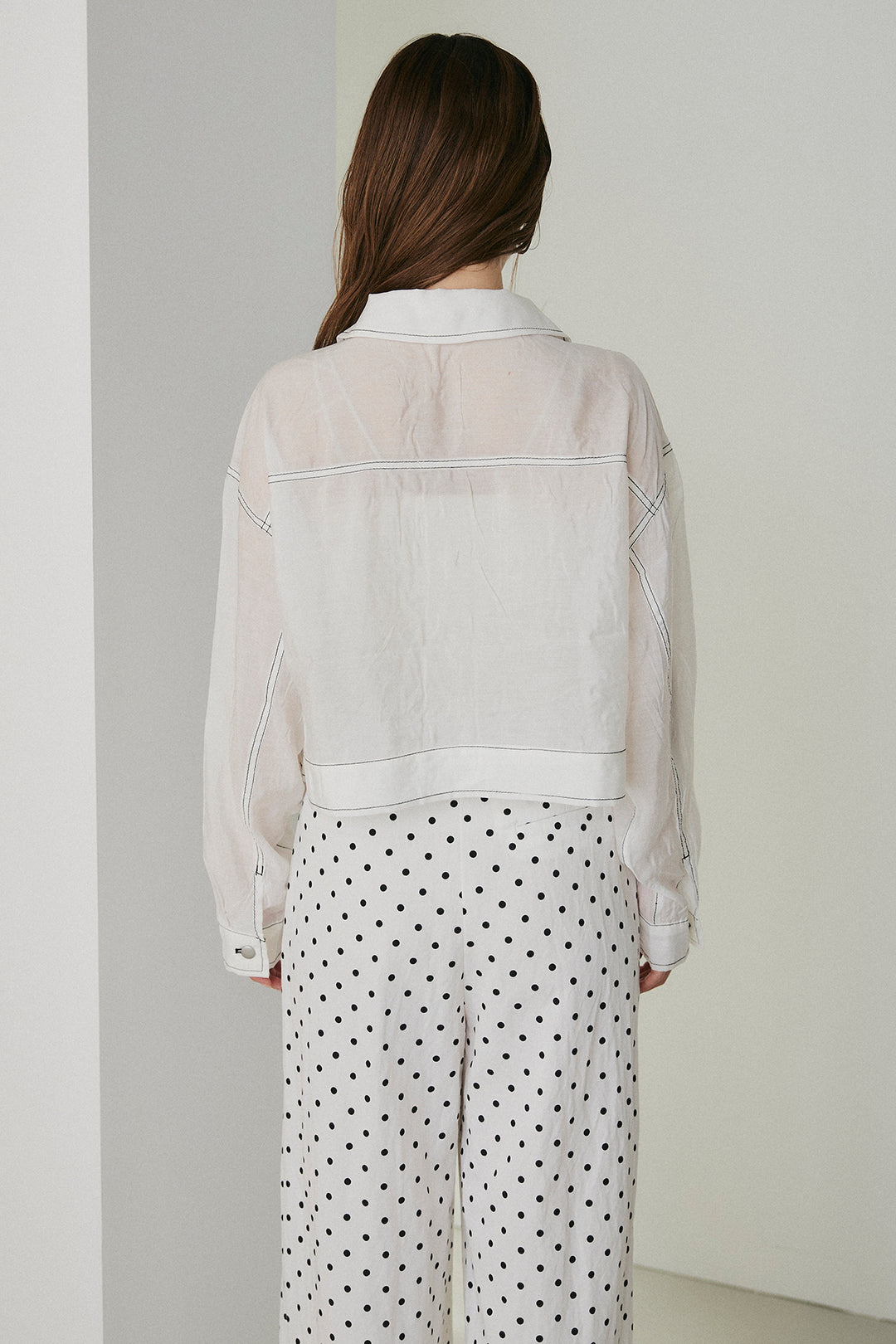 [SET]配色ステッチシアーシャツ+ベルト付きドット柄ワイドパンツ(2set)
