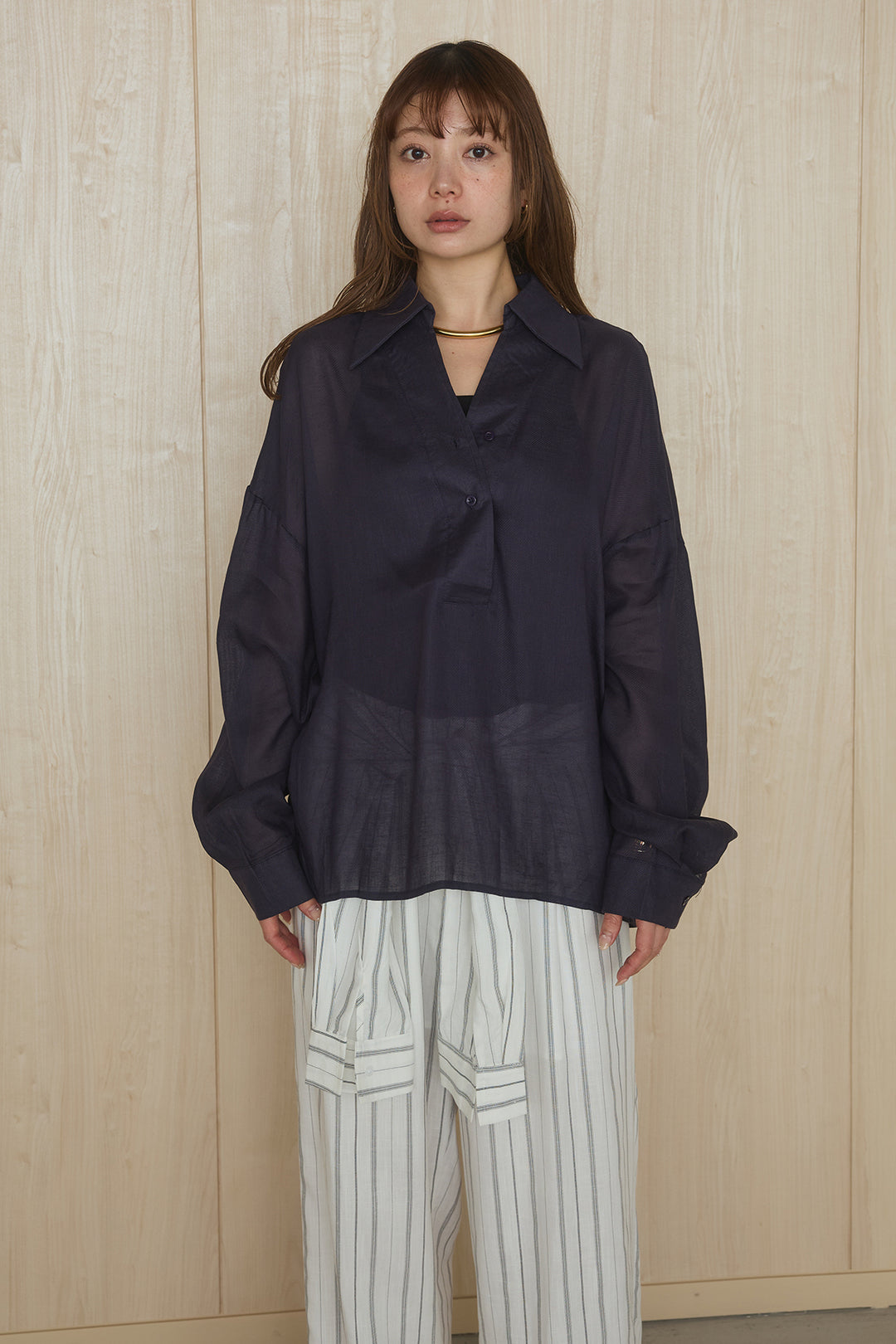 [SET]襟付きボタンブラウス+ウエスト巻きピンストライプパンツ(2set)