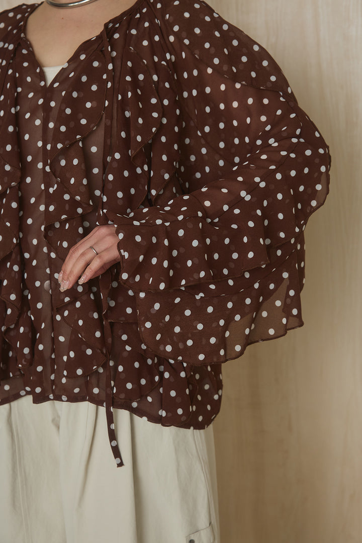 [SET]ドットフリル長袖ブラウス+コットンポリツータックセンターシームカーブパンツ(2set)