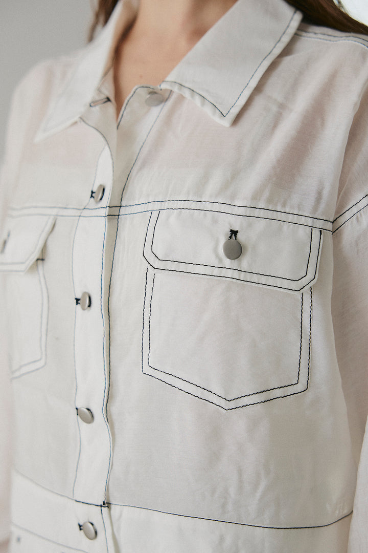 [SET]配色ステッチシアーシャツ+ベルト付きドット柄ワイドパンツ(2set)