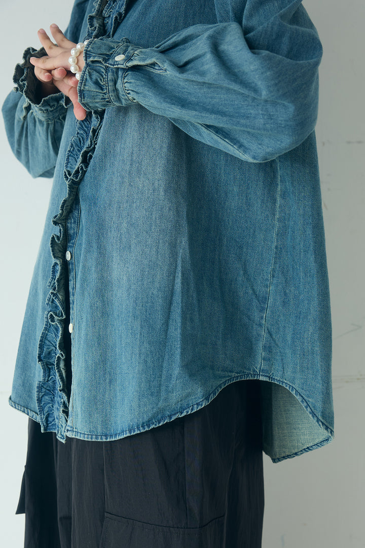 [SET]Vネックデニムフリルトップス+デニムサロペットワイドパンツ(2set)