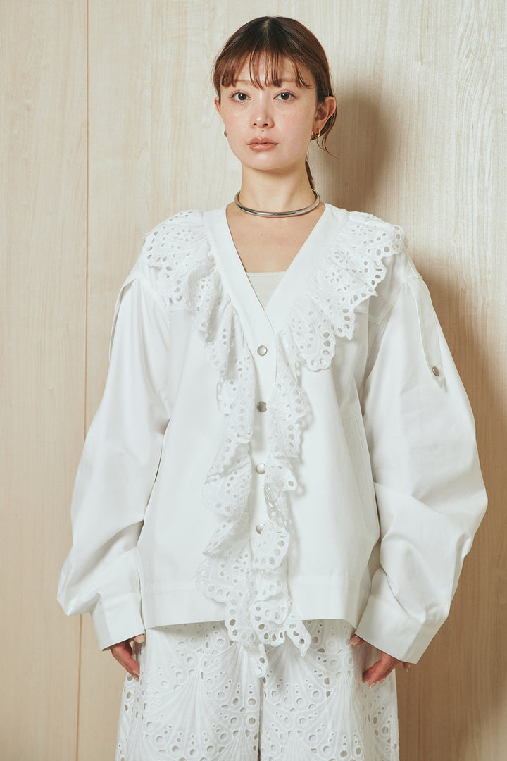 [SET]レースフリルドッキングアウター+レース刺繍リラックスパンツ(2set)