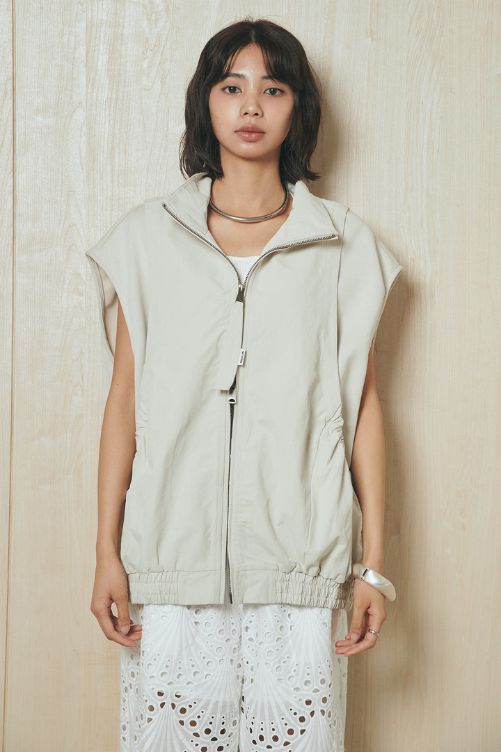 [SET]ショルダー切替スタンドネックジップベスト+レース刺繍リラックスパンツ(2set)