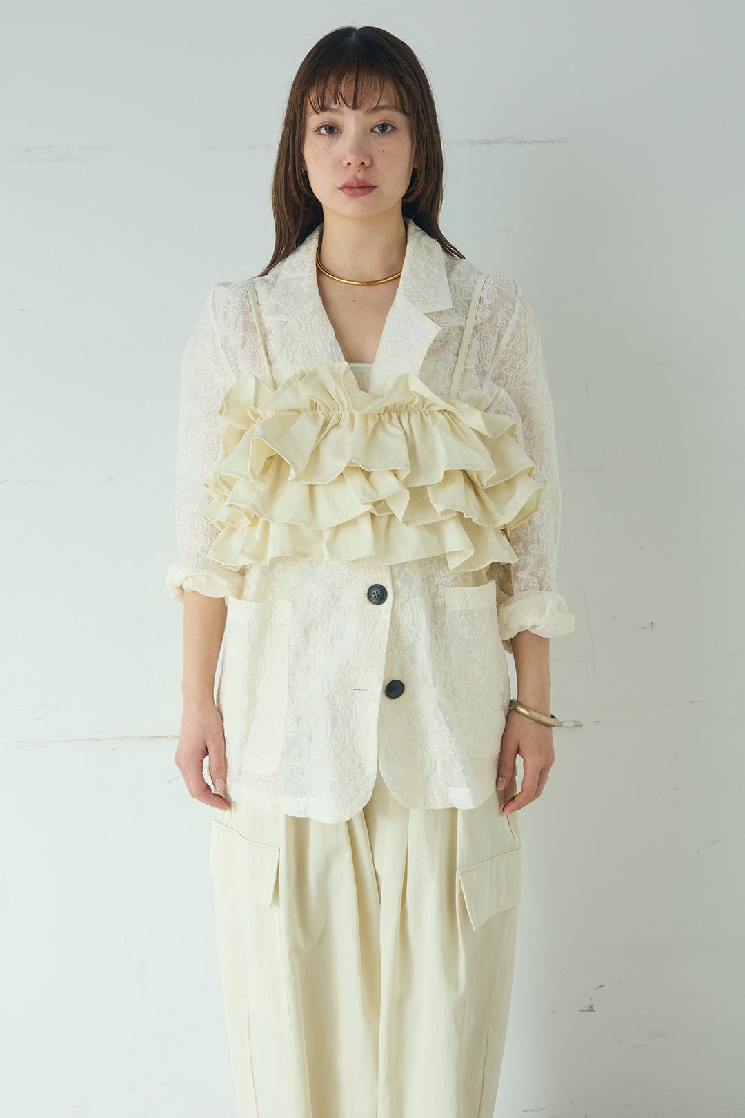 [SET]ストレッチレースクルーネックインナー+撥水フリルビスチェ(2set)