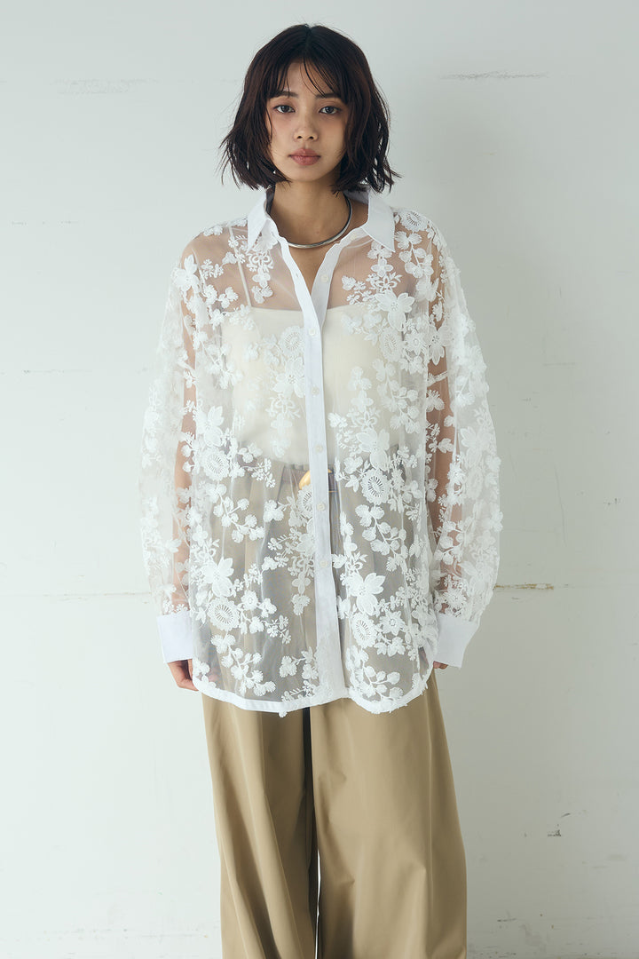 [SET]立体フラワー刺繍レースシャツ+ベルトループデザインハイウエストタックパンツ(2set)