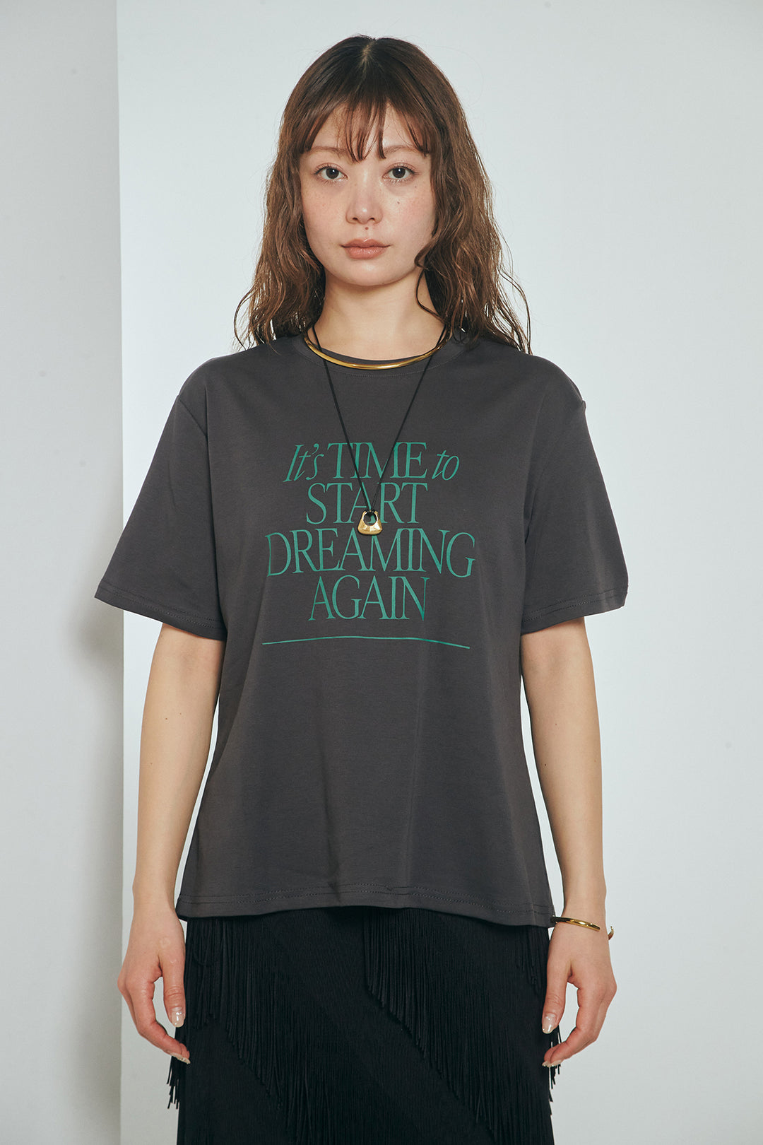 [SET]半袖TIMEロゴカットソー+斜めフリンジデザインスカート(2set)