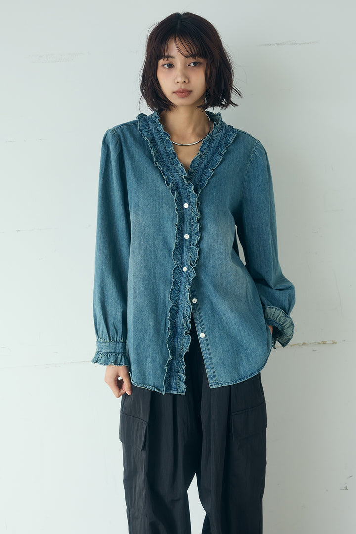 [SET]Vネックデニムフリルトップス+ベルトループデザインハイウエストタックパンツ(2set)