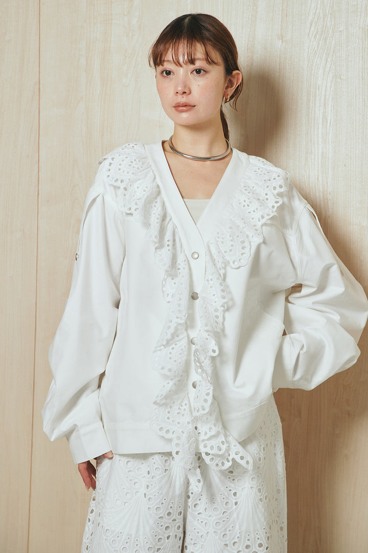 [SET]レースフリルドッキングアウター+レース刺繍リラックスパンツ(2set)