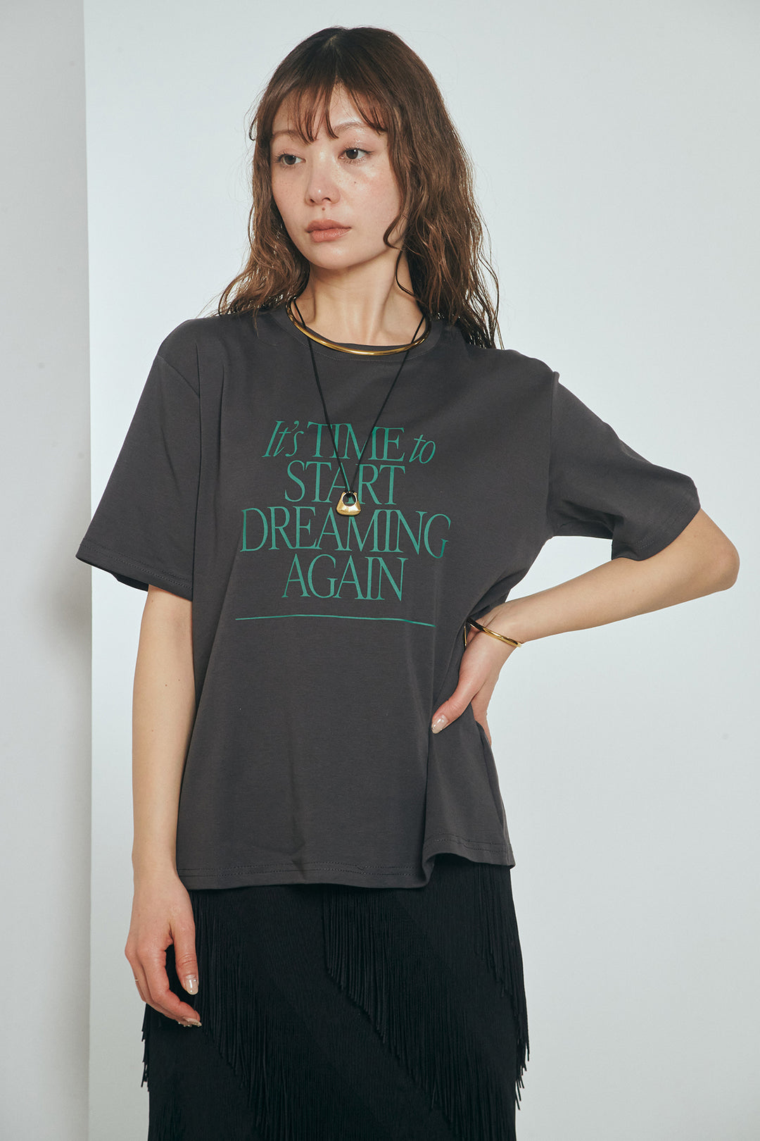 [SET]半袖TIMEロゴカットソー+斜めフリンジデザインスカート(2set)