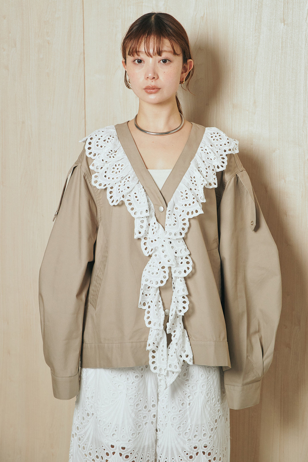 [SET]レースフリルドッキングアウター+レース刺繍リラックスパンツ(2set)