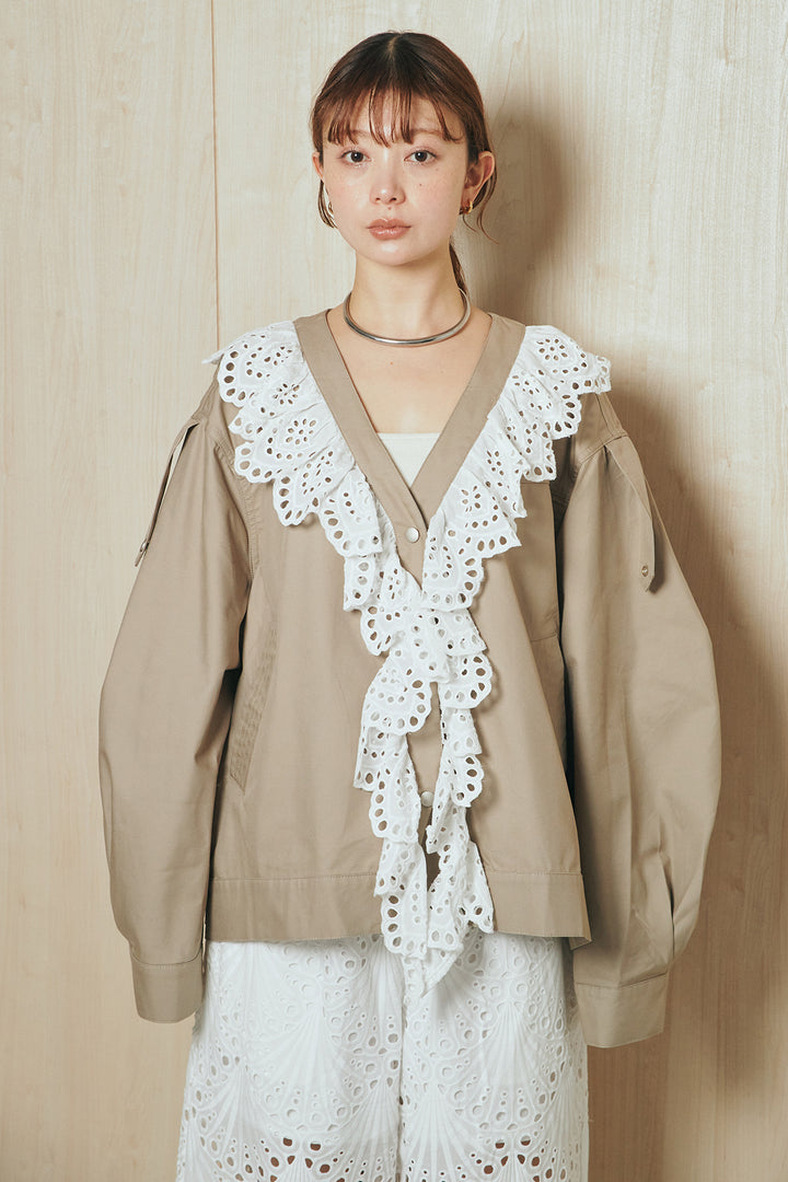 [SET]レースフリルドッキングアウター+レース刺繍リラックスパンツ(2set)