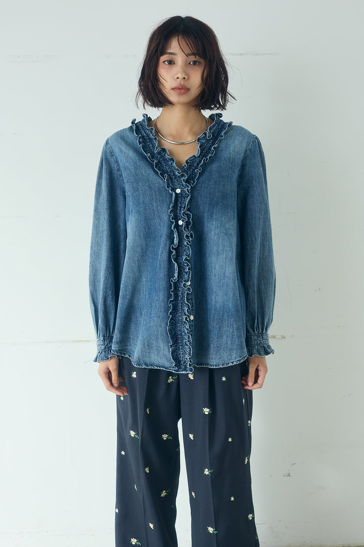 [SET]Vネックデニムフリルトップス+ベルトループデザインハイウエストタックパンツ(2set)