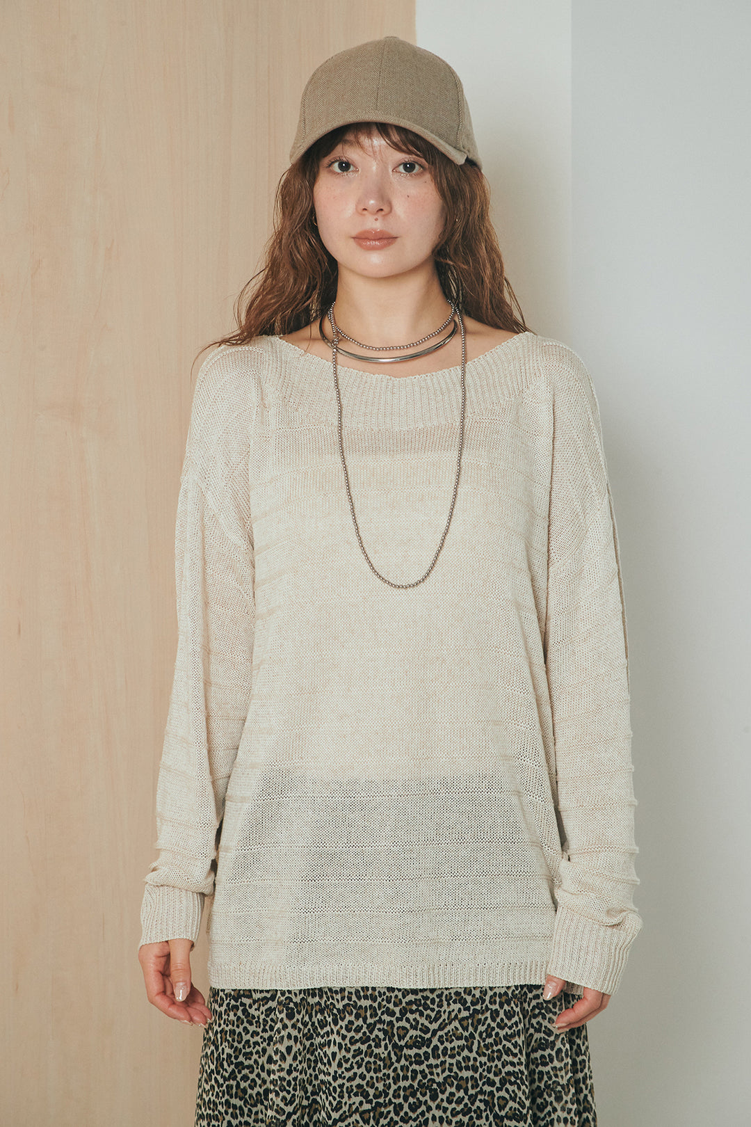 [SET]麻混リラックスニットトップス+リラックスレオパードロングスカート(2set)