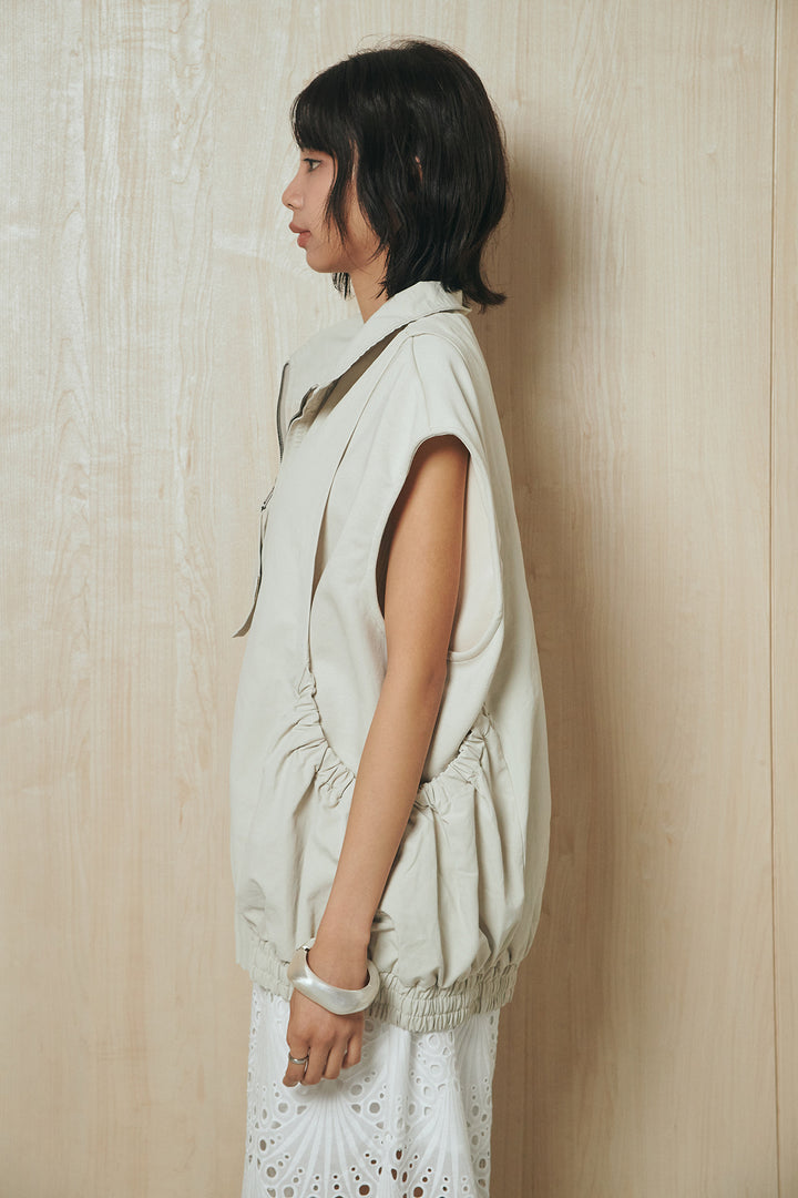 [SET]ショルダー切替スタンドネックジップベスト+レース刺繍リラックスパンツ(2set)