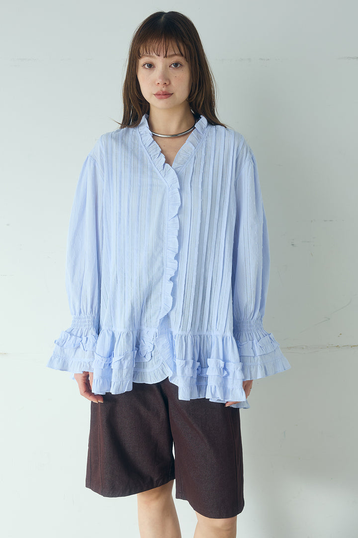 Vネックランダムフリルブラウス