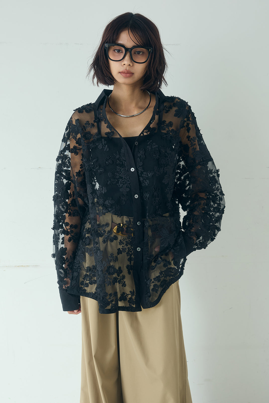 [SET]立体フラワー刺繍レースシャツ+ベルトループデザインハイウエストタックパンツ(2set)