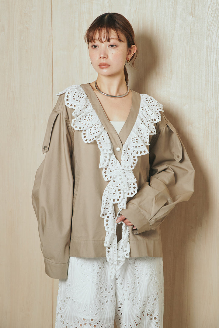 [SET]レースフリルドッキングアウター+レース刺繍リラックスパンツ(2set)