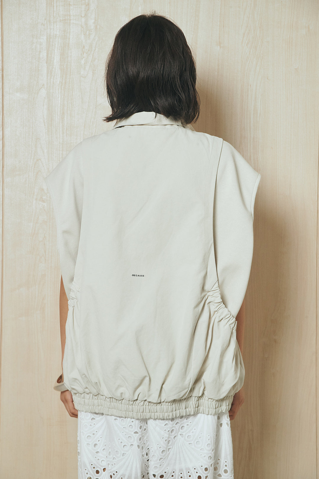 [SET]ショルダー切替スタンドネックジップベスト+レース刺繍リラックスパンツ(2set)