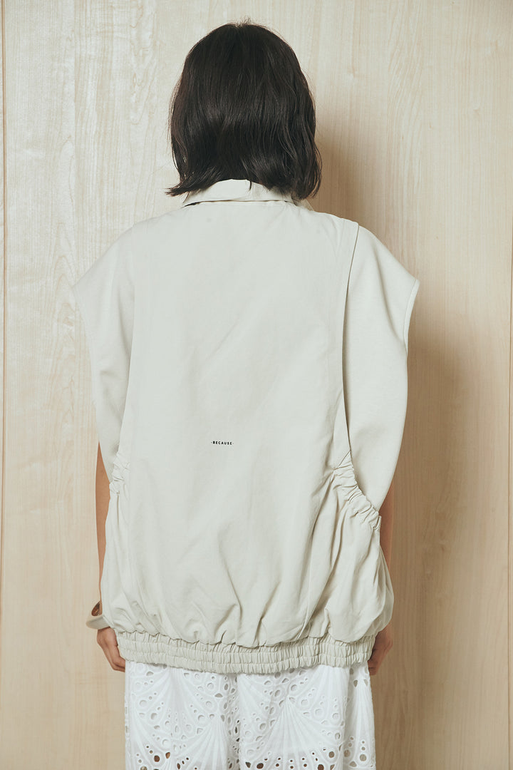 [SET]ショルダー切替スタンドネックジップベスト+レース刺繍リラックスパンツ(2set)