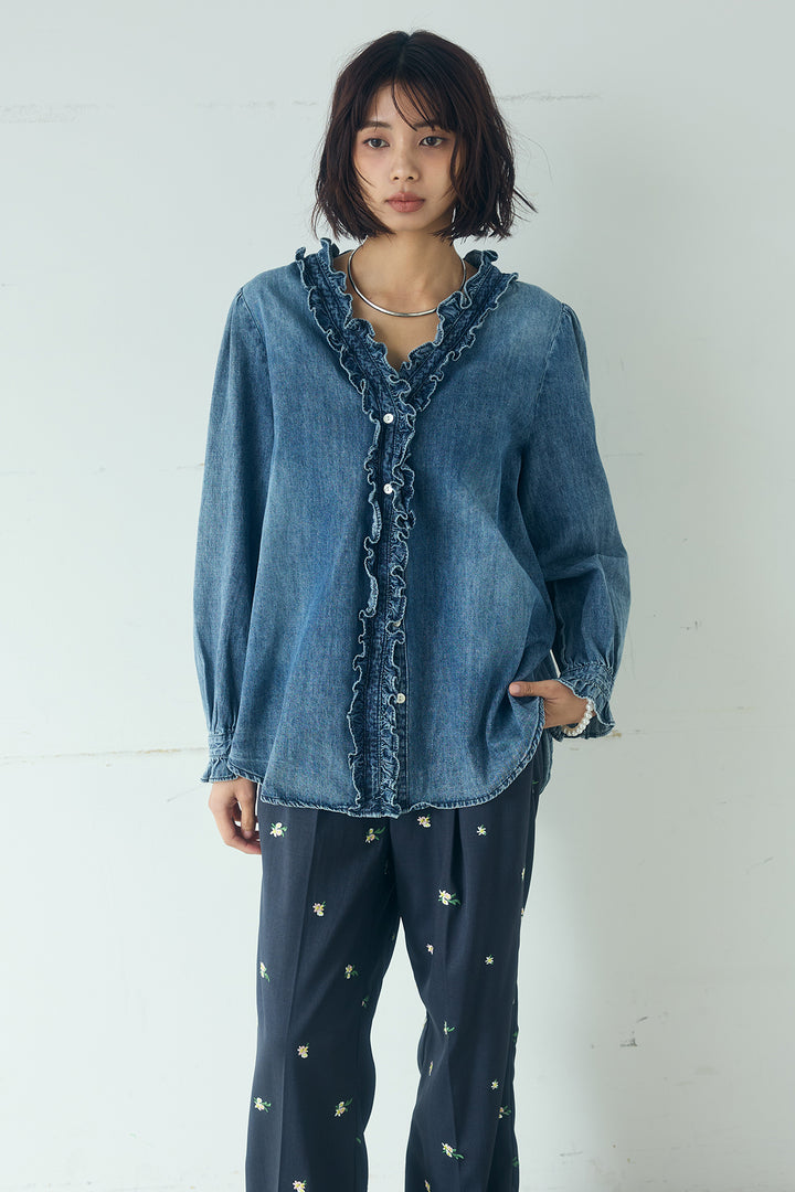 [SET]Vネックデニムフリルトップス+ベルトループデザインハイウエストタックパンツ(2set)