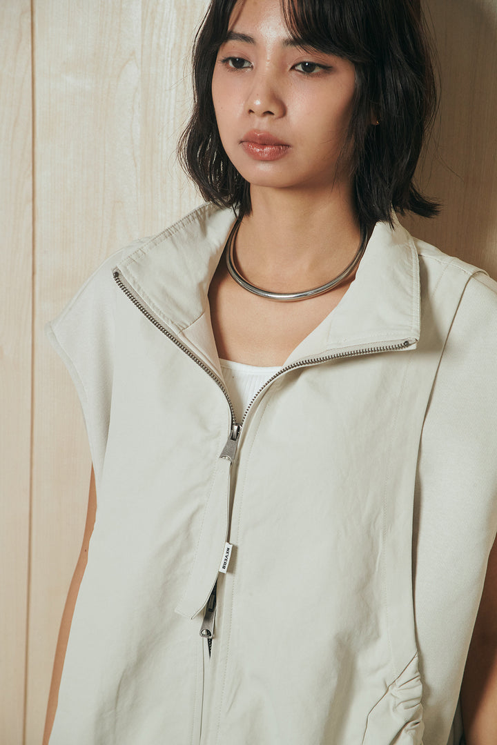 [SET]ショルダー切替スタンドネックジップベスト+レース刺繍リラックスパンツ(2set)