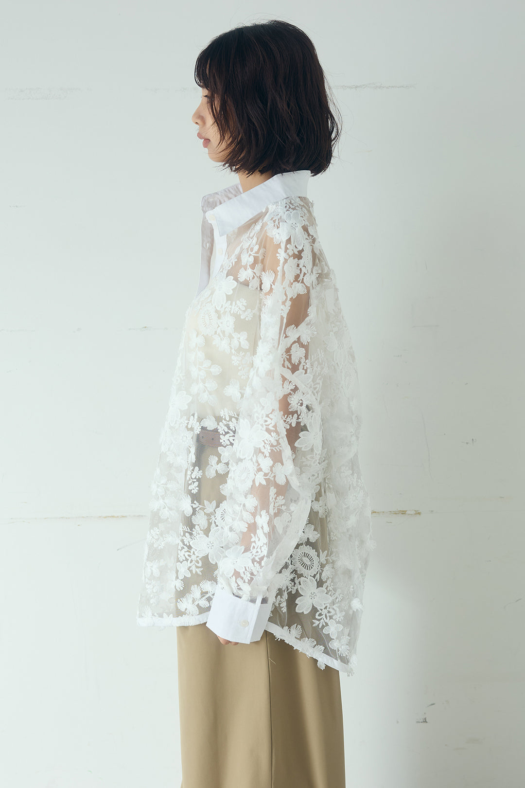 [SET]立体フラワー刺繍レースシャツ+ベルトループデザインハイウエストタックパンツ(2set)