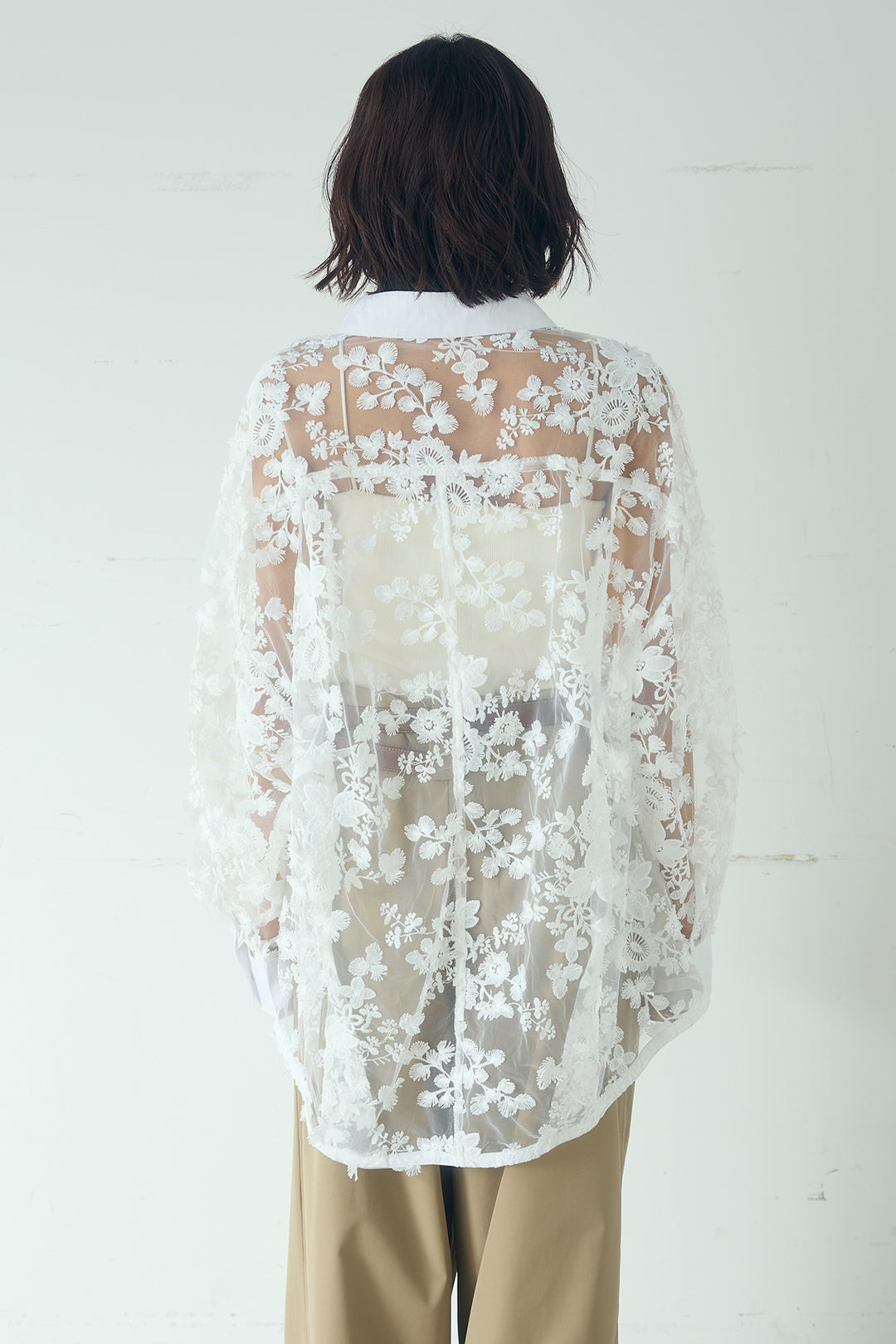 [SET]立体フラワー刺繍レースシャツ+ベルトループデザインハイウエストタックパンツ(2set)