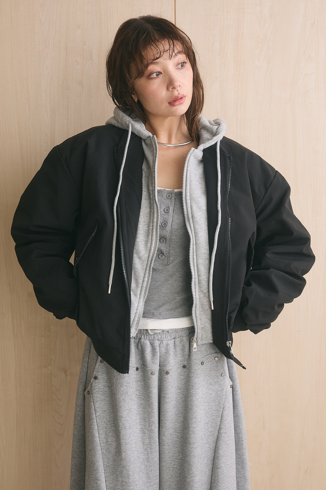 [SET]カレッジロゴフーディーブルゾン+フロントボタンコーデュロイスカート(2set)