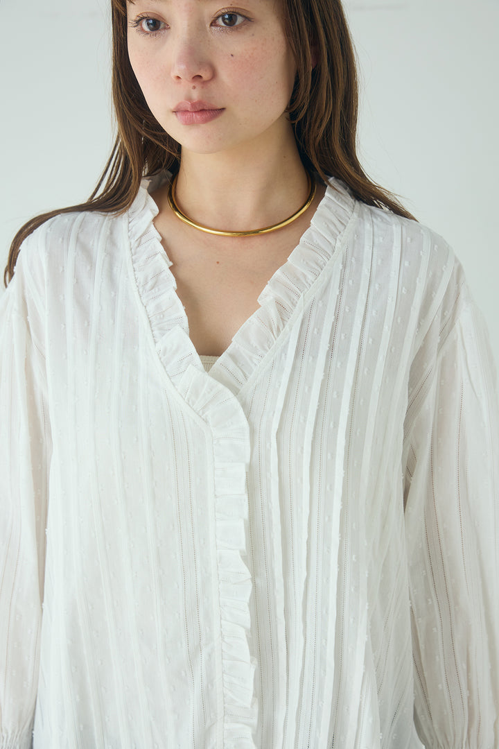 [SET]Vネックランダムフリルブラウス+デニムハーフパンツ(2set)