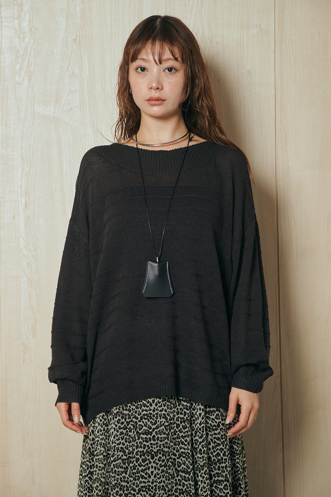 [SET]麻混リラックスニットトップス+リラックスレオパードロングスカート(2set)