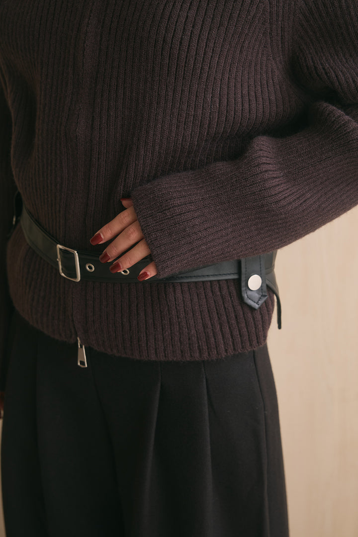 リブ編みレザーコンビべルト付きブルゾン