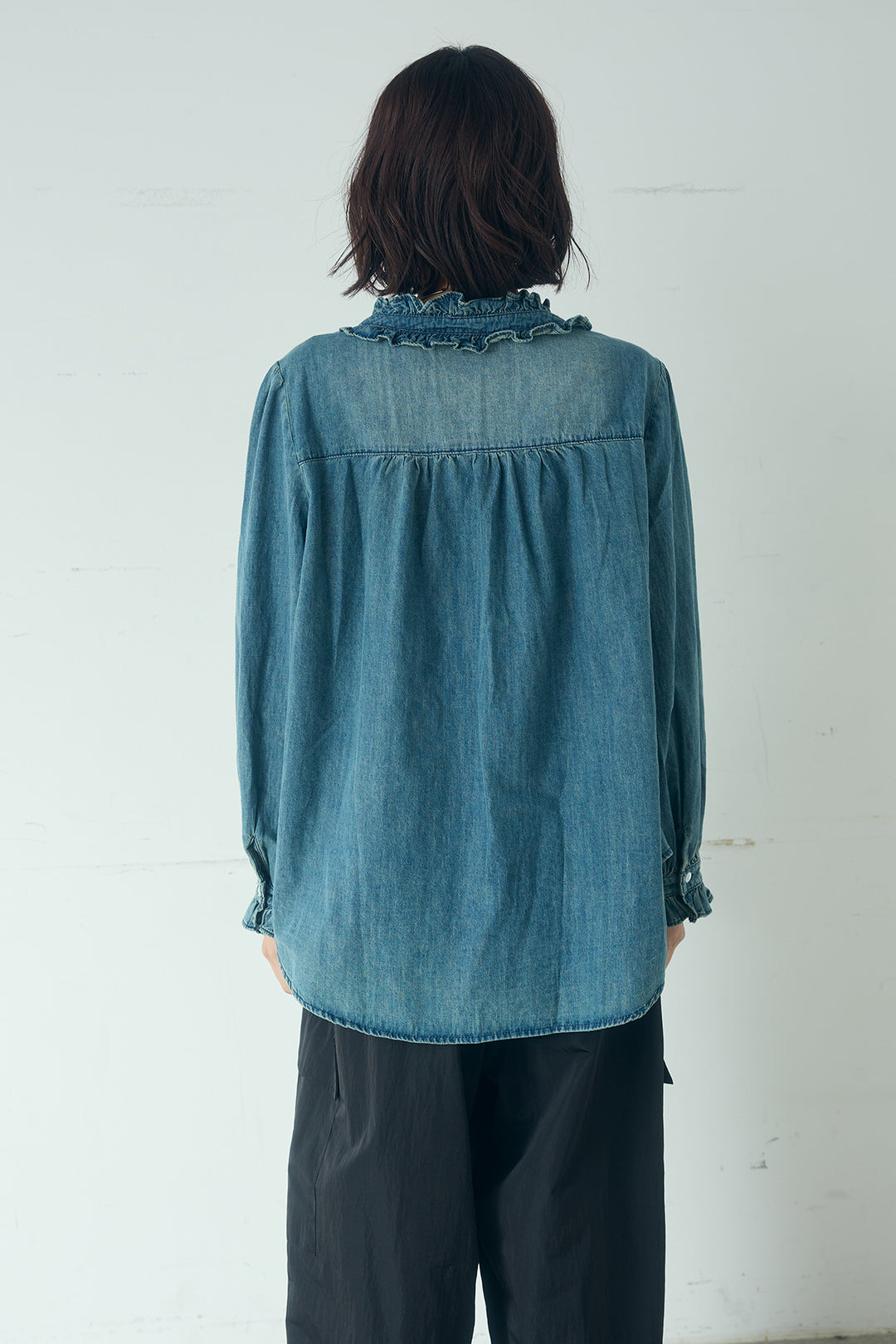 [SET]Vネックデニムフリルトップス+デニムサロペットワイドパンツ(2set)