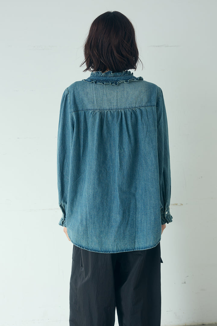 [SET]Vネックデニムフリルトップス+ベルトループデザインハイウエストタックパンツ(2set)