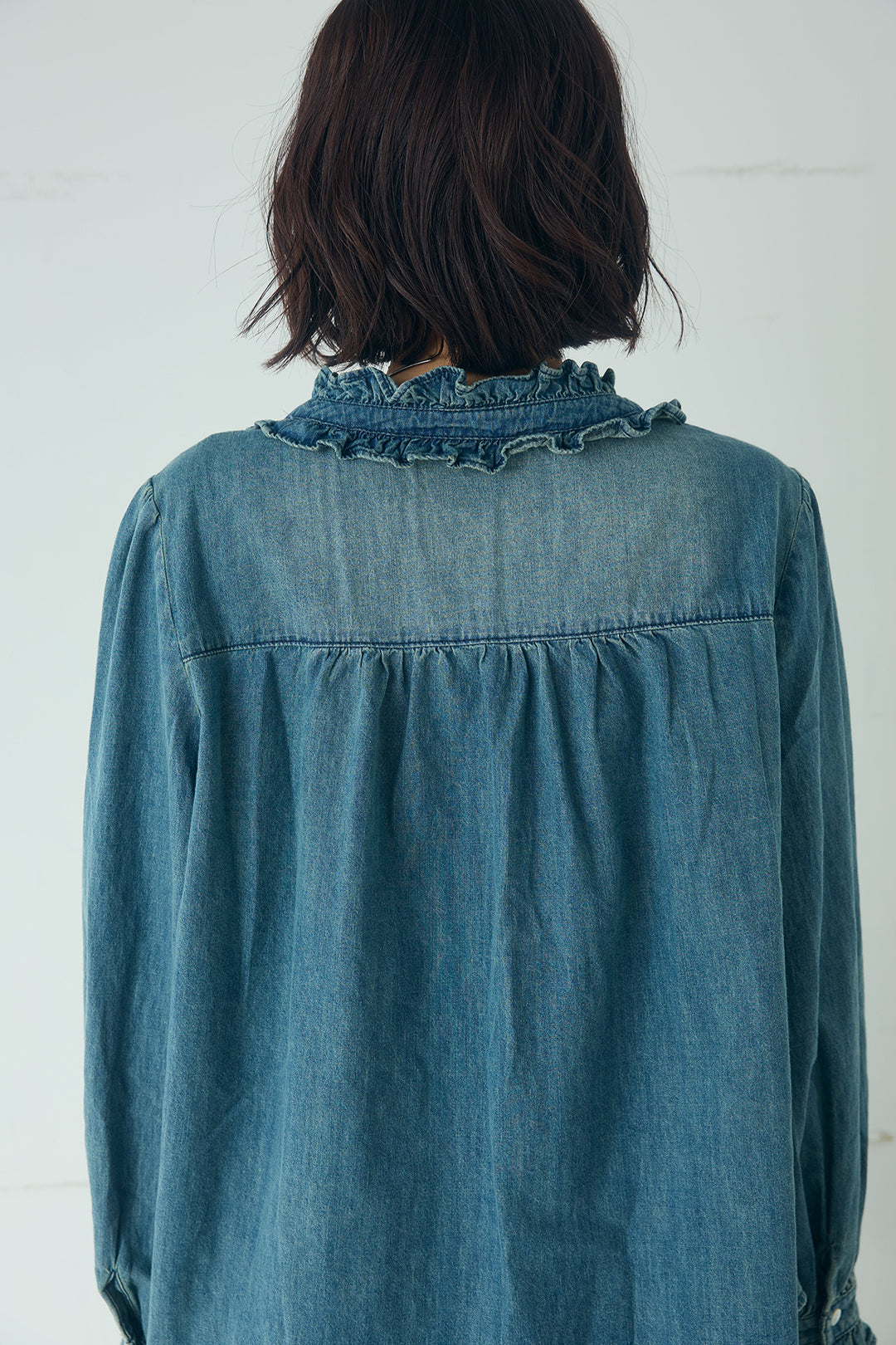 [SET]Vネックデニムフリルトップス+デニムサロペットワイドパンツ(2set)