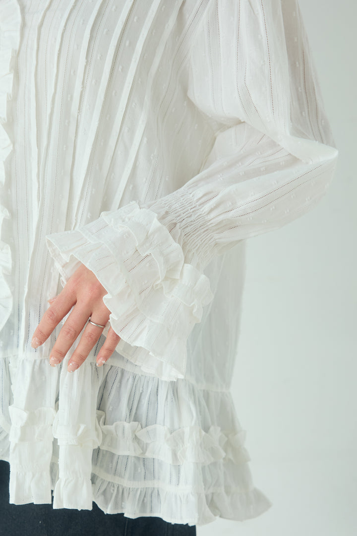 Vネックランダムフリルブラウス