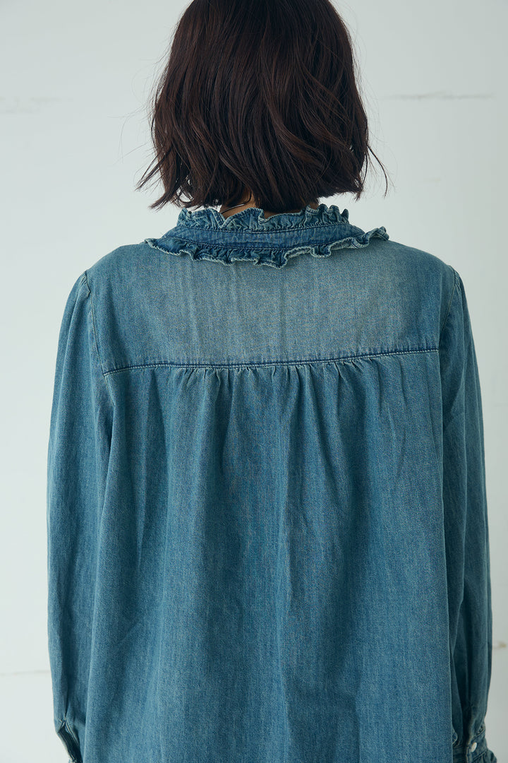 Vネックデニムフリルトップス