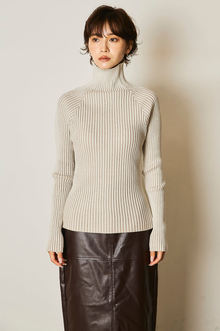 [SET]Vネックフリルカラーブラウス+リブニットシームレスタートルプルオーバー(2set)