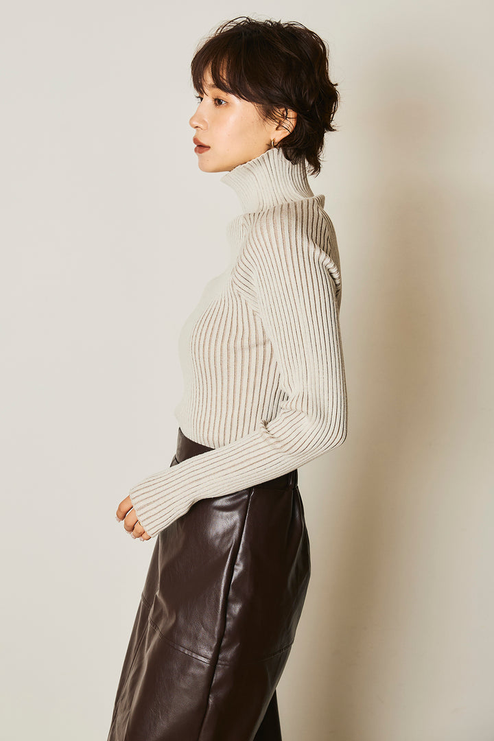 [SET]Vネックフリルカラーブラウス+リブニットシームレスタートルプルオーバー+ストレッチエコレザーバミューダパンツ(3set)