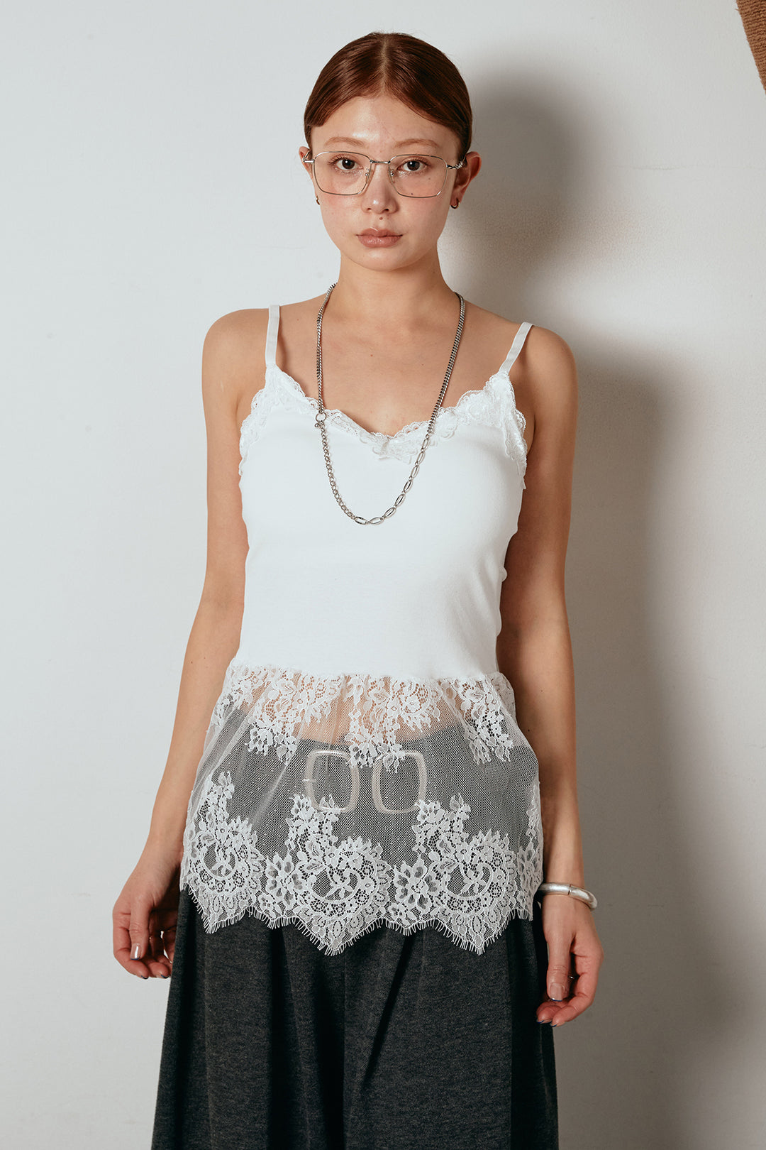 [SET]裏毛カレッジプリントプルオーバー+カップ付きレースドッキングキャミソール(2set)