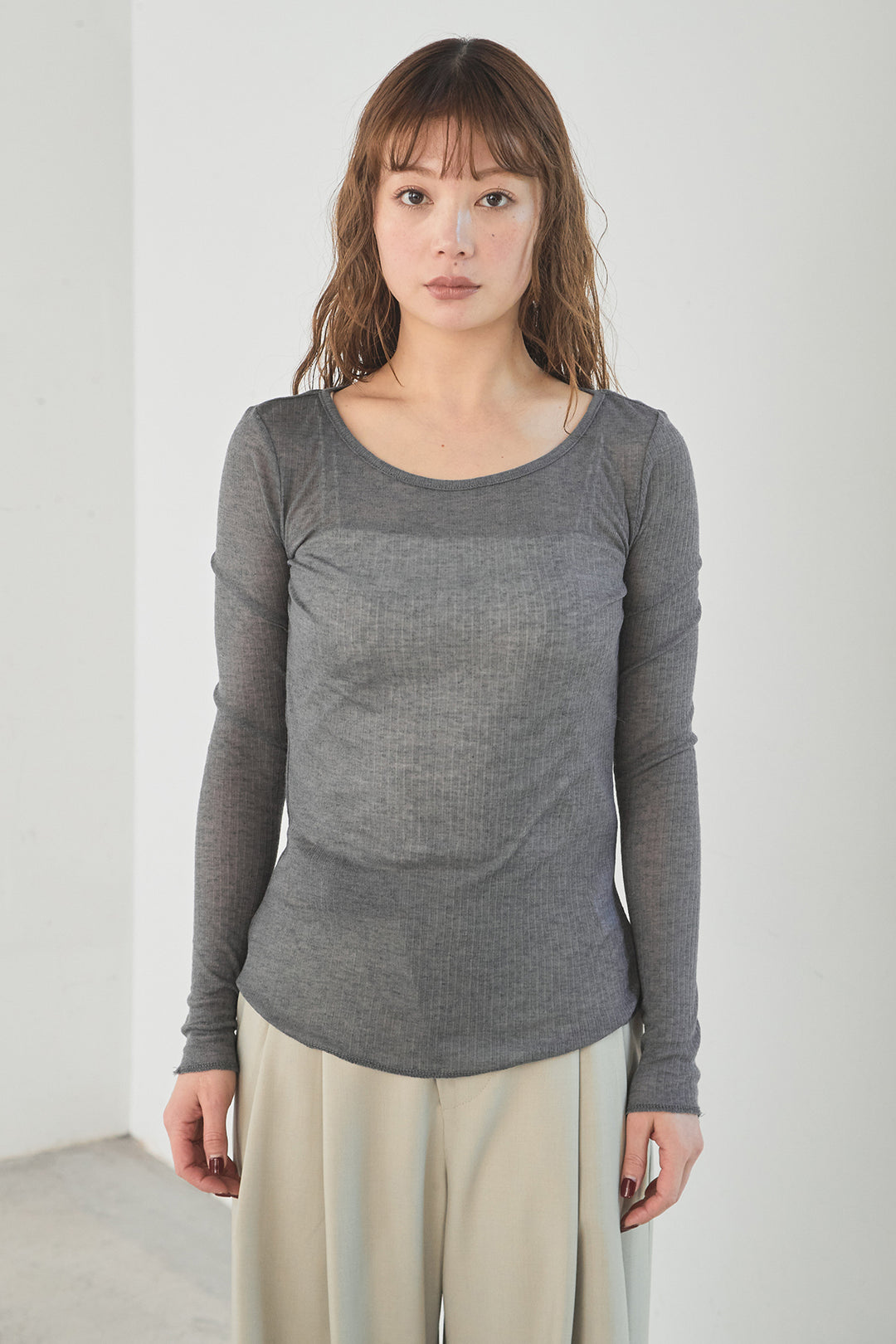 [SET]襟付きナイロンベスト+サイドデザインナイロンスカート+リブシアークルーネック長袖トップス(3set)