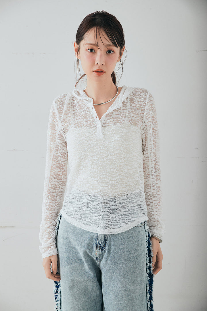 ストレッチレースフーディサムホールプルオーバー