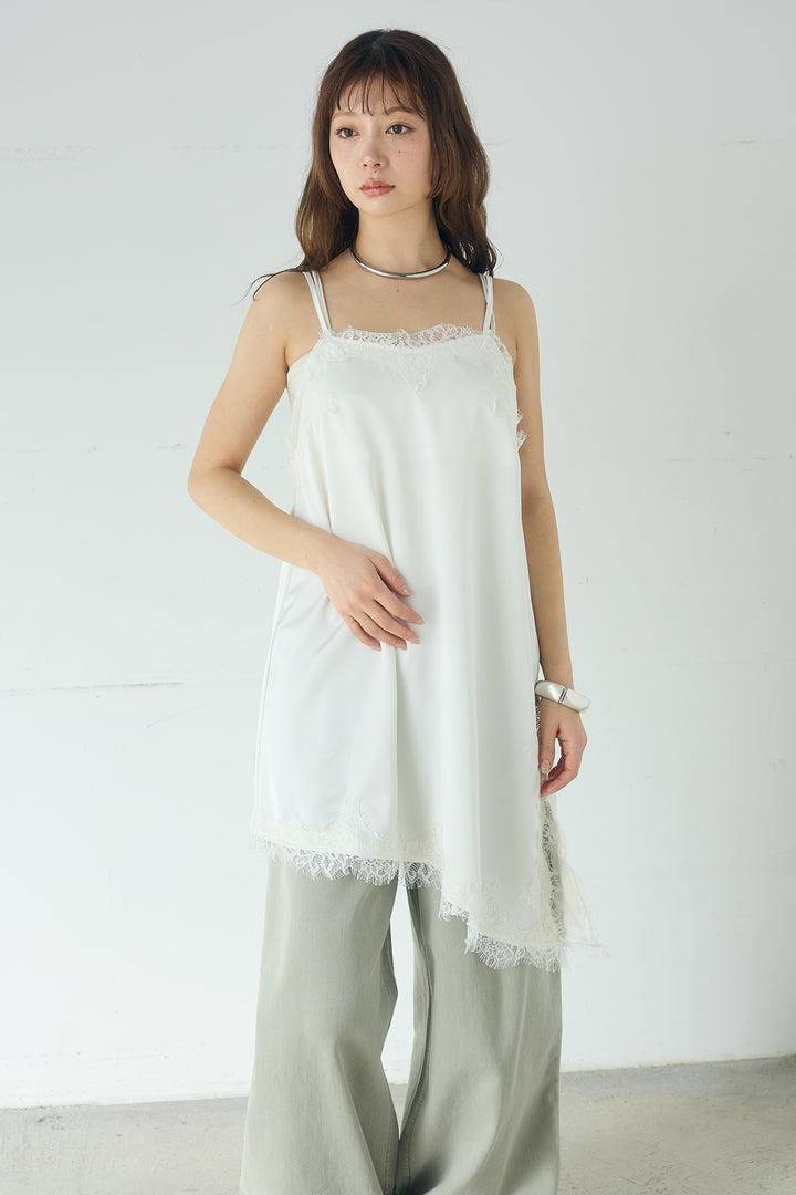 [SET]ナイロンボリュームWジップパーカーブルゾン+サテンレースアシメキャミ+細編みベルト付きパンツ+サテンレースアシメキャミ(3set)