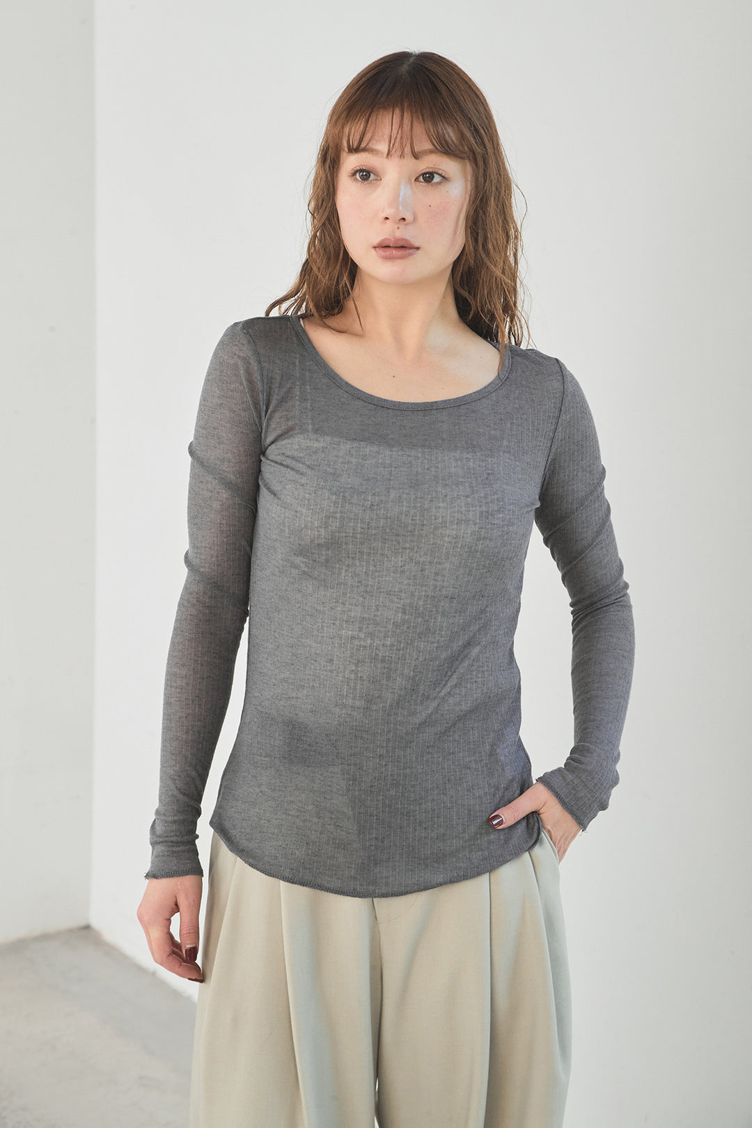 [SET]襟付きナイロンベスト+サイドデザインナイロンスカート+リブシアークルーネック長袖トップス(3set)