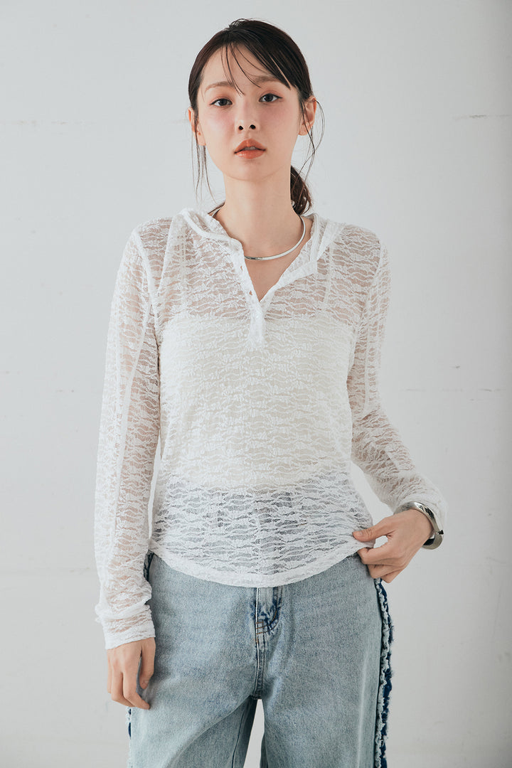 ストレッチレースフーディサムホールプルオーバー