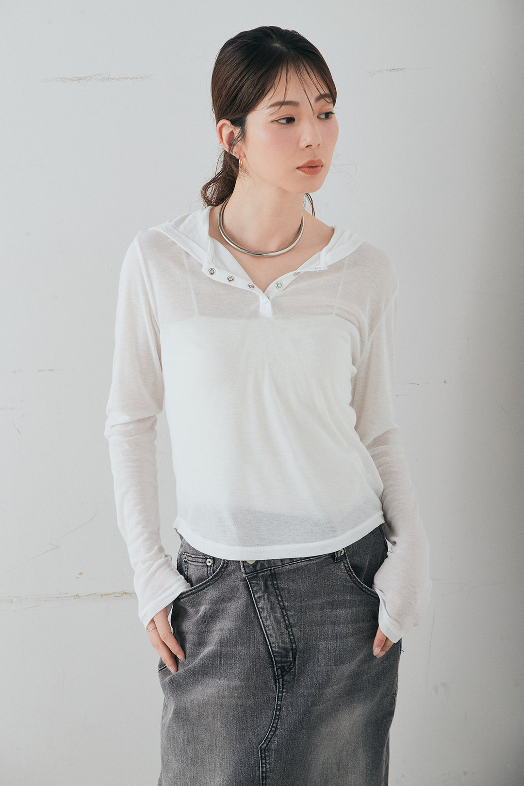 [SET]オーバーデニムジャケット+ウエストクロスデニムタイトスカート+シアーリブフーディプルオーバー(3set)