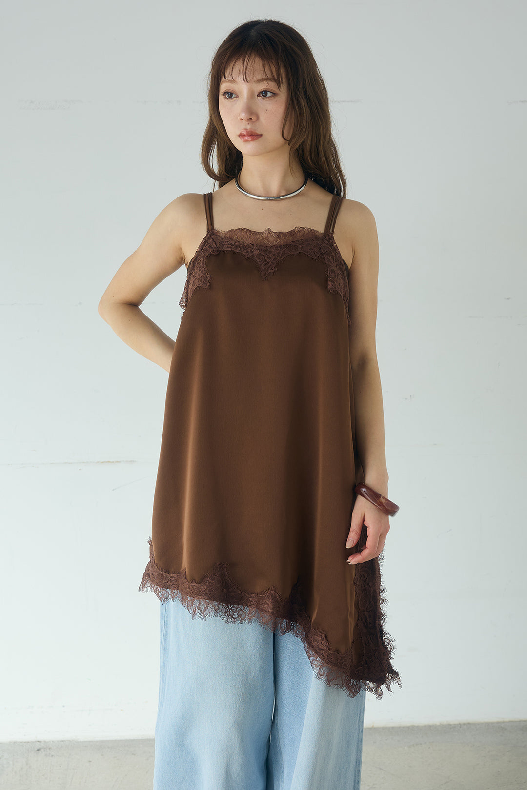 [SET]ナイロンボリュームWジップパーカーブルゾン+サテンレースアシメキャミ+細編みベルト付きパンツ+サテンレースアシメキャミ(3set)