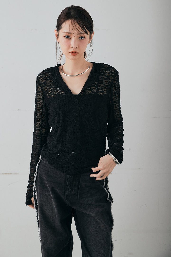 [SET]袖シャーリング裾フリルデニムブルゾン+デニムサイドフリルパンツ+ストレッチレースフーディサムホールプルオーバー(3set)