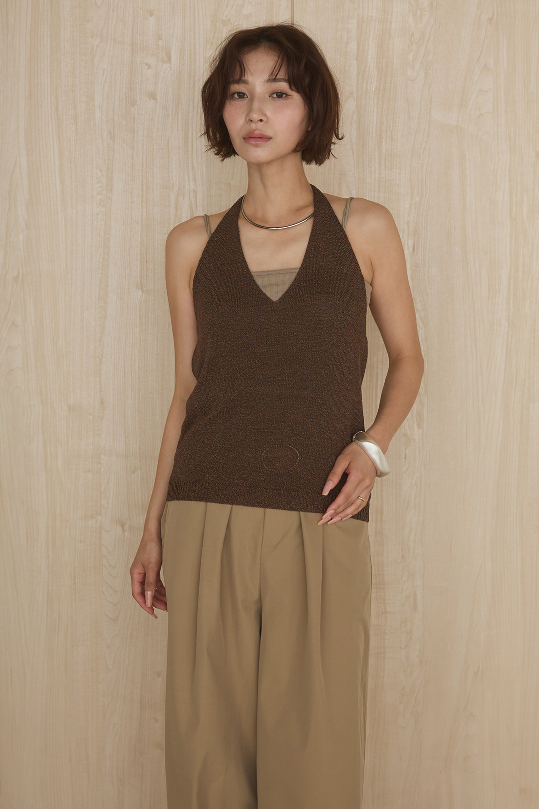 [SET]オーバードルマンカーディガン+ホルターネックインナー+ベルトループデザインハイウエストタックパンツ(3set)