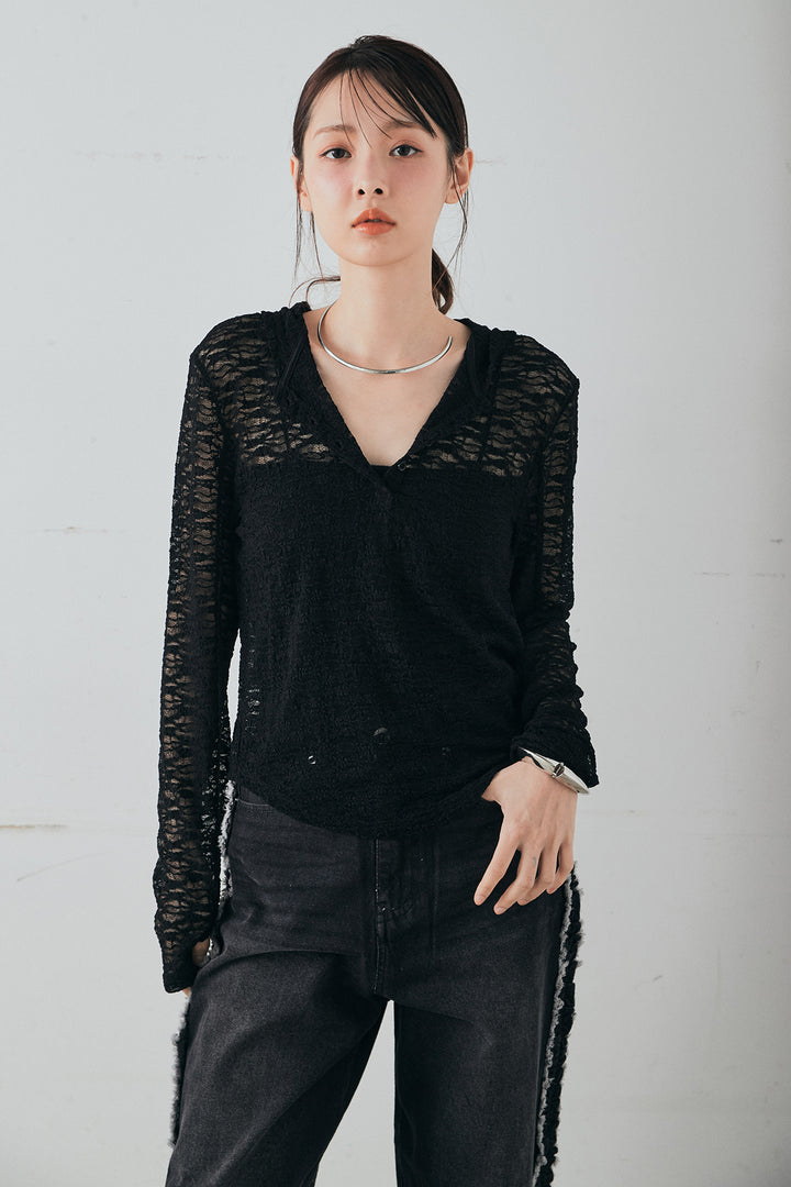 [SET]袖シャーリング裾フリルデニムブルゾン+デニムサイドフリルパンツ+ストレッチレースフーディサムホールプルオーバー(3set)